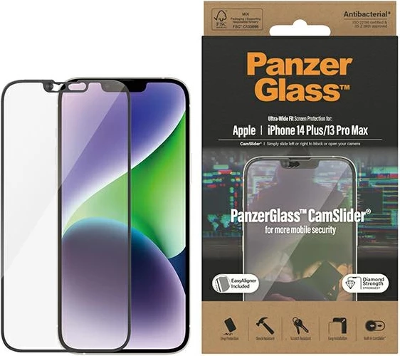 Zaščitno steklo PanzerGlass Ultra-Wide Fit CamSlider za iPhone 14 Plus / 13 Pro Max, antibakterijsko, s pokrovom kamere