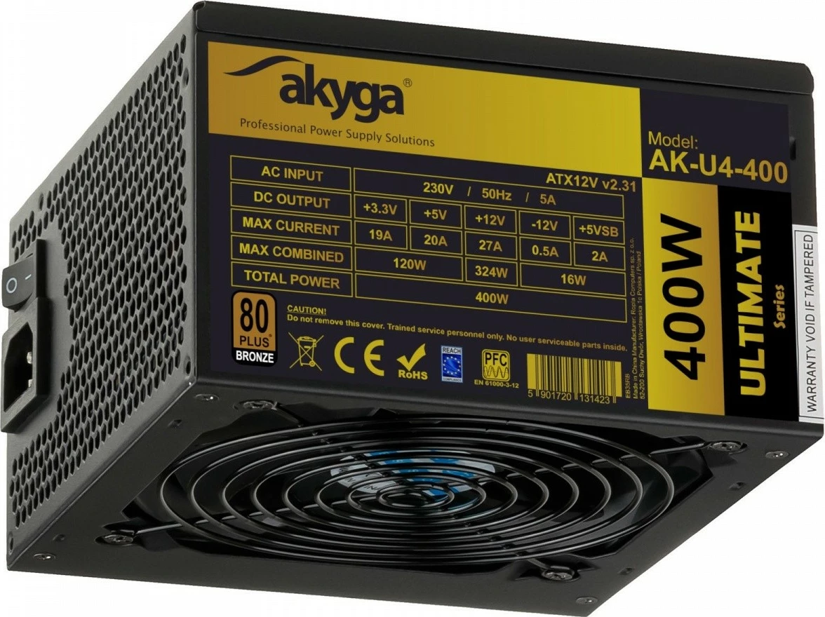 Napajalnik AKYGA AK-U4-400, 400W, 80 PLUS Bronze, modularen, črn