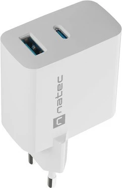 Stenski polnilec GaN 65W, 1x USB-A + 1x USB-C, Natec Ribera, bel