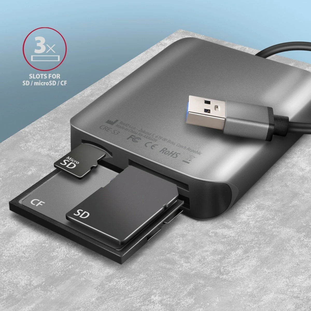 Kompakten bralnik kartic AXAGON CRE-S3, USB-A, 3 reže, USB 3.2 Gen 1, siv Kompakten bralnik kartic AXAGON CRE-S3, USB-A, 3 reže, USB 3.2 Gen 1, siv