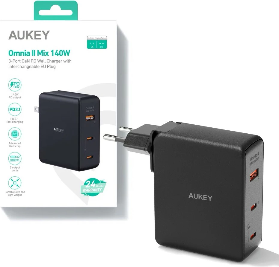 Stenski polnilec 140W z 3 vrati (2× USB-C, 1× USB-A) AUKEY PA-B70 Omnia II, črn, z mednarodnimi adapterji