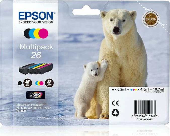 Multipak tonerjev Epson Polar bear 26 Claria Premium, črn, cijan, magenta, rumen