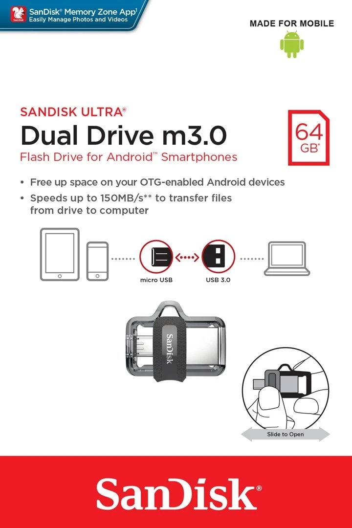 USB-pomnilnik 64 GB, SanDisk Ultra Dual m3.0, USB Type-A / Micro-USB 3.2 Gen 1, črn/srebrn/prosojen