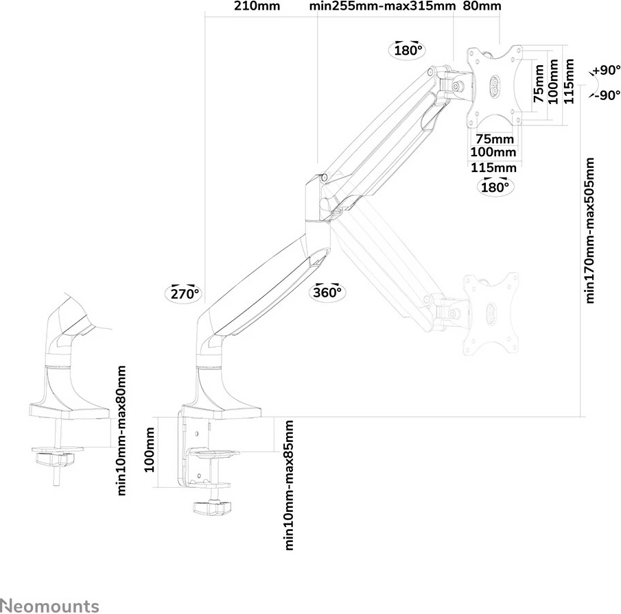 Nagibno-nastavljiv nosilec za monitor Neomounts NM-D750BLACK, plinski vzmet, 10–32 in, 9 kg, črn Nagibno-nastavljiv nosilec za monitor Neomounts NM-D750BLACK, plinski vzmet, 10–32 in, 9 kg, črn