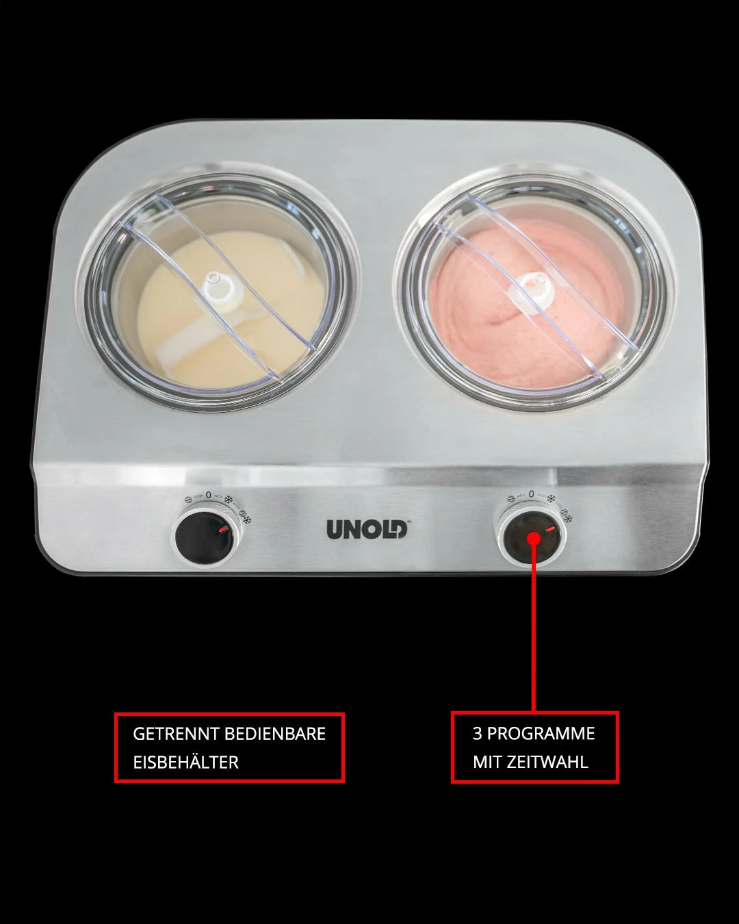 Aparat za sladoled Doppio UNOLD, 2,4 L, 2 posodi, kompresor, inox, črn