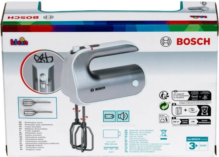 Igrača ročni mešalnik Klein Bosch 9240, z vrtljivimi metlicami, na AA baterije, srebrn