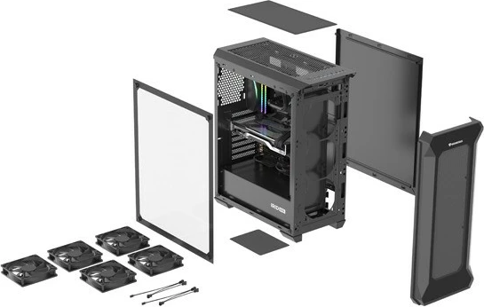 Kasa Natec Genesis Irid 505F, Midi Tower, ATX/Micro ATX/Mini ITX, 5 ventilatorjev, stekleno okno, črna