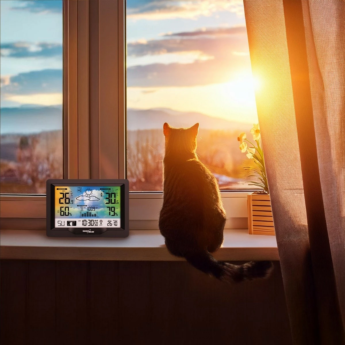 Brezžavna vremenska postaja z indikatorjem udobja GreenBlue GB540N, meritev vlažnosti, lunine faze, ura DCF, črna