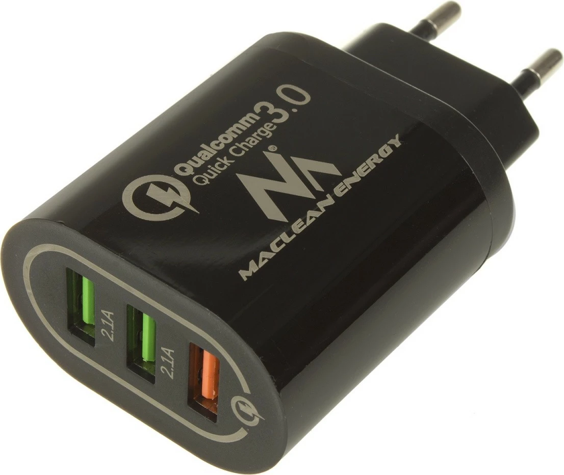 Polnilec za vtičnico Maclean MCE479B, 3×USB, Quick Charge 3.0, črn