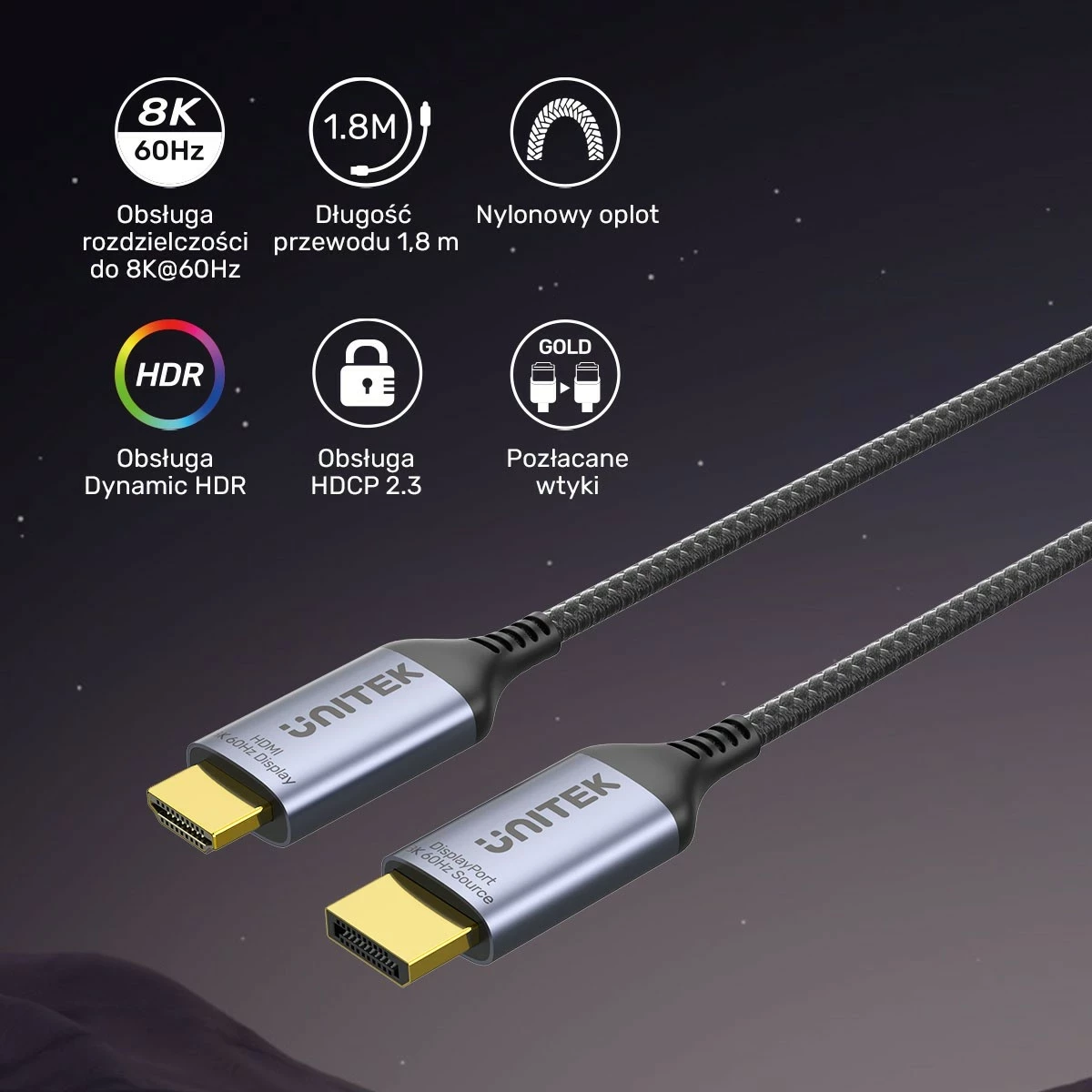 Adapter kabel DisplayPort 1.4 na HDMI 2.1, 8K, 1,8 m, črno-srebrn — Unitek