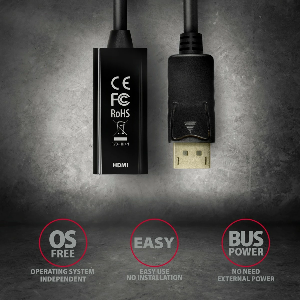 Aktivni adapter DisplayPort na HDMI AXAGON RVD-HI14N, 4K/30Hz, 18 cm, črn Aktivni adapter DisplayPort na HDMI AXAGON RVD-HI14N, 4K/30Hz, 18 cm, črn