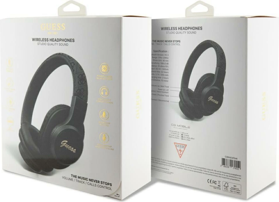 Slušalke Guess Leather Tone On Tone Script 4G, Bluetooth 5.3, črne