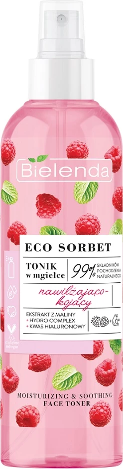 Vlažilni in pomirjujoč tonik v spreju za obraz, Bielenda Eco Sorbet, malina, 200 ml
