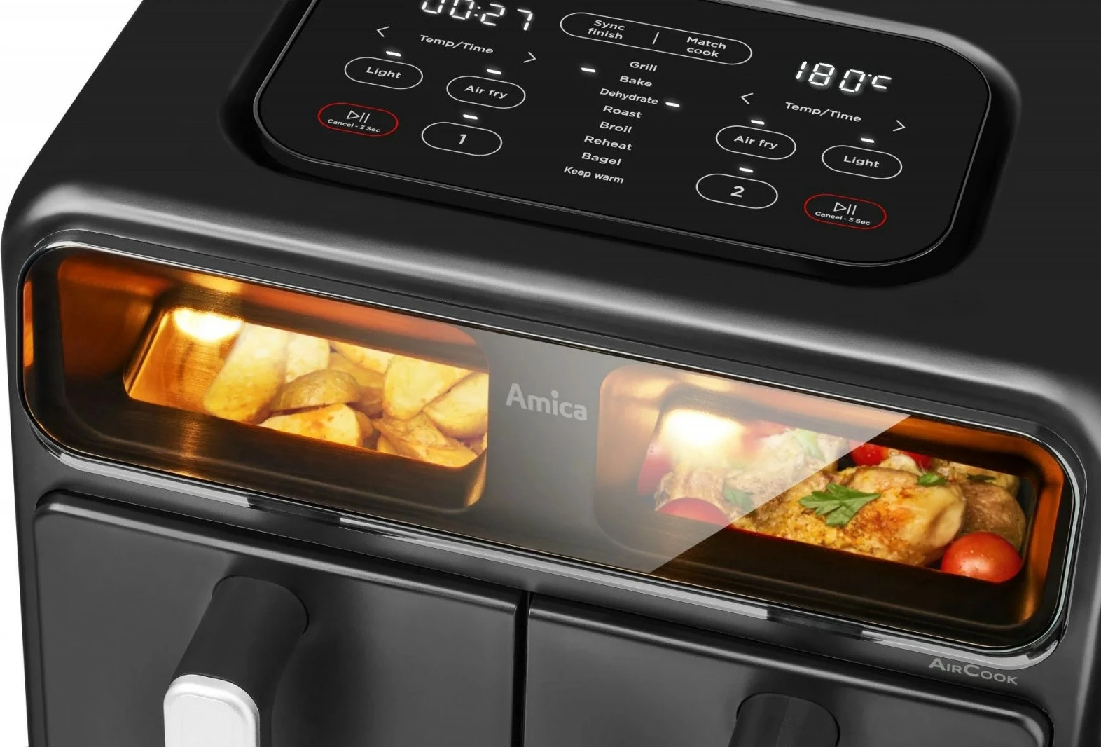 Friteza na vroč zrak z dvema komorama Amica AFM 7020, 8 L, 2400 W, zaslon na dotik, opazovalno okno, črna