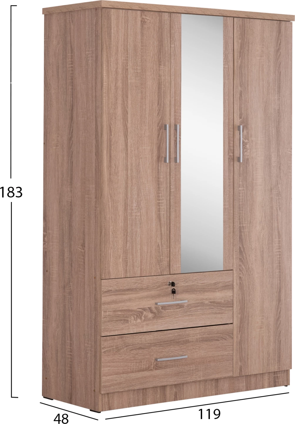 Garderobna omara z ogledalom in policami JARRY FH2485.11 melamin v barvi sonama hrasta 119x48x183H cm