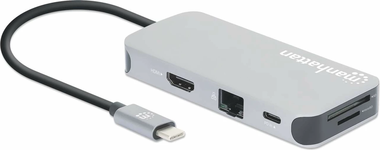 Docking postaja MANHATTAN USB-C 8-v-1, HDMI, RJ45, 3×USB-A, siva