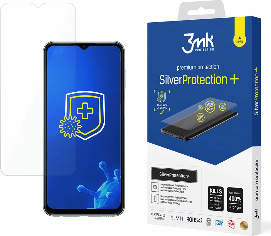 Zaščitna folija zaslona SilverProtection+ 3mk Protection za Samsung Galaxy M23 5G, samozdravilna, antimikrobna, montaža z gelom, prozorna