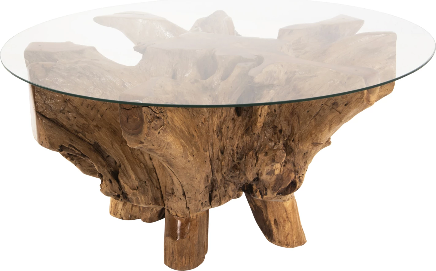 Okrogla miza za dnevno sobo iz korenine tika s kaljenim steklom D100x46H cm