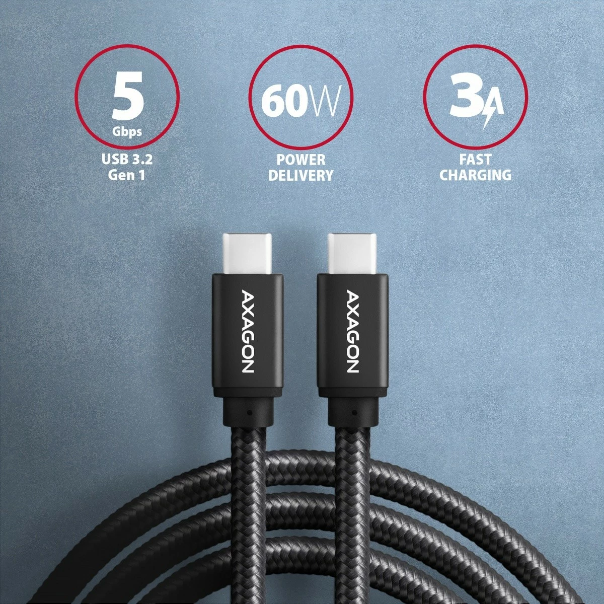USB-C kabel AXAGON BUCM3-CM20AB, 2 m, 60 W, črn USB-C kabel AXAGON BUCM3-CM20AB, 2 m, 60 W, črn