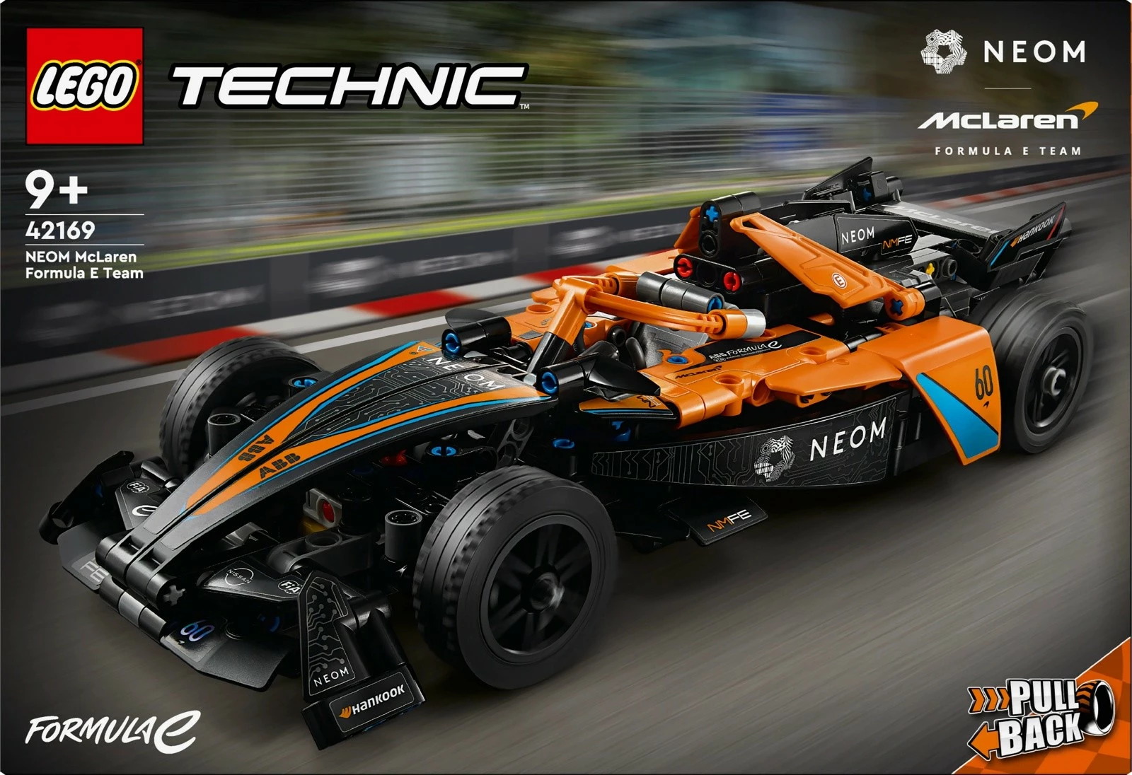 Dirkalnik NEOM McLaren Formula E, LEGO Technic 42169, 452 kosov, pull-back, za otroke 9+, oranžno/črn