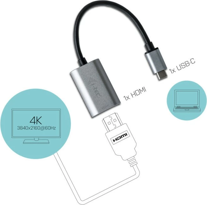 USB-C na HDMI adapter i-tec C31METALHDMI60HZ, 4K Ultra HD 60Hz, siv