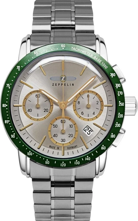 Eleganten quartz 42 mm, srebrno in zeleno - Zeppelin New York 8878MB5