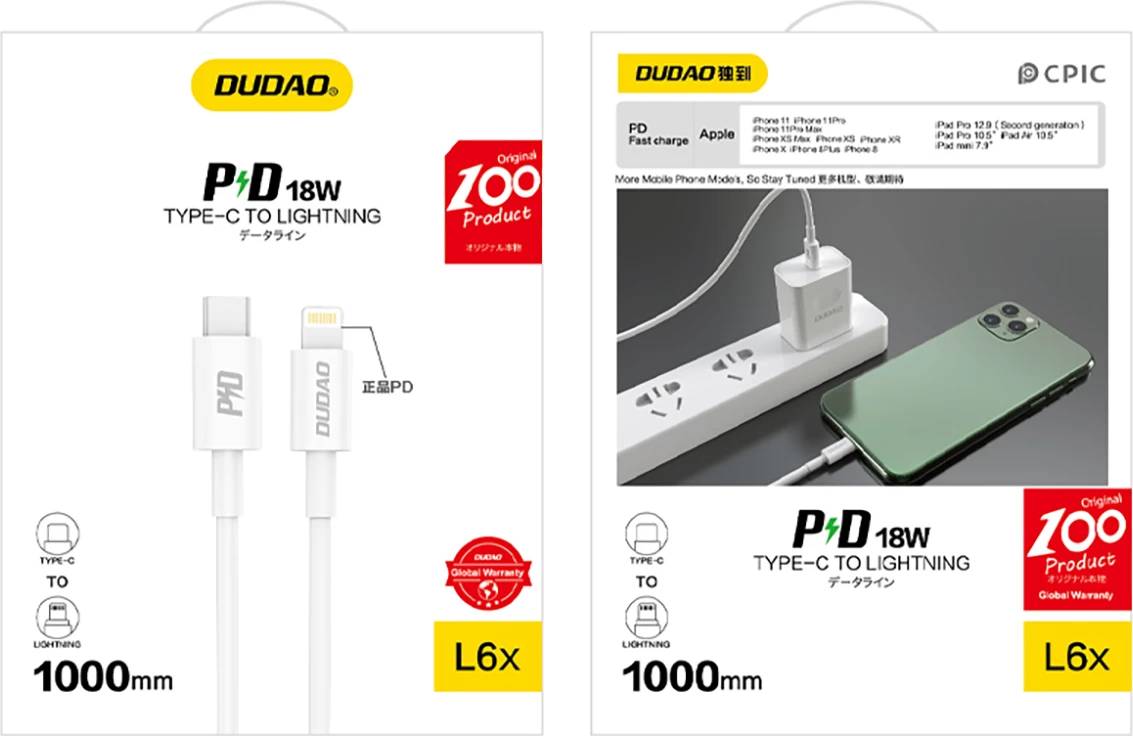 Kabel USB-C na Lightning, 1 m, 20W PD, bel, Dudao L6X