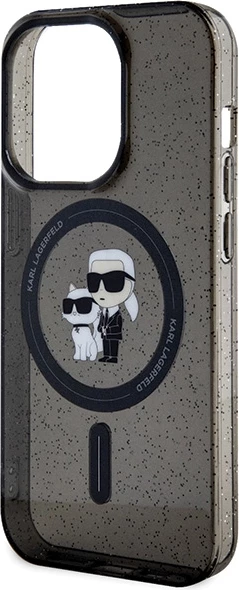 Ovitek z bleščicami Karl Lagerfeld Karl&Choupette MagSafe za iPhone 15 Pro, črn