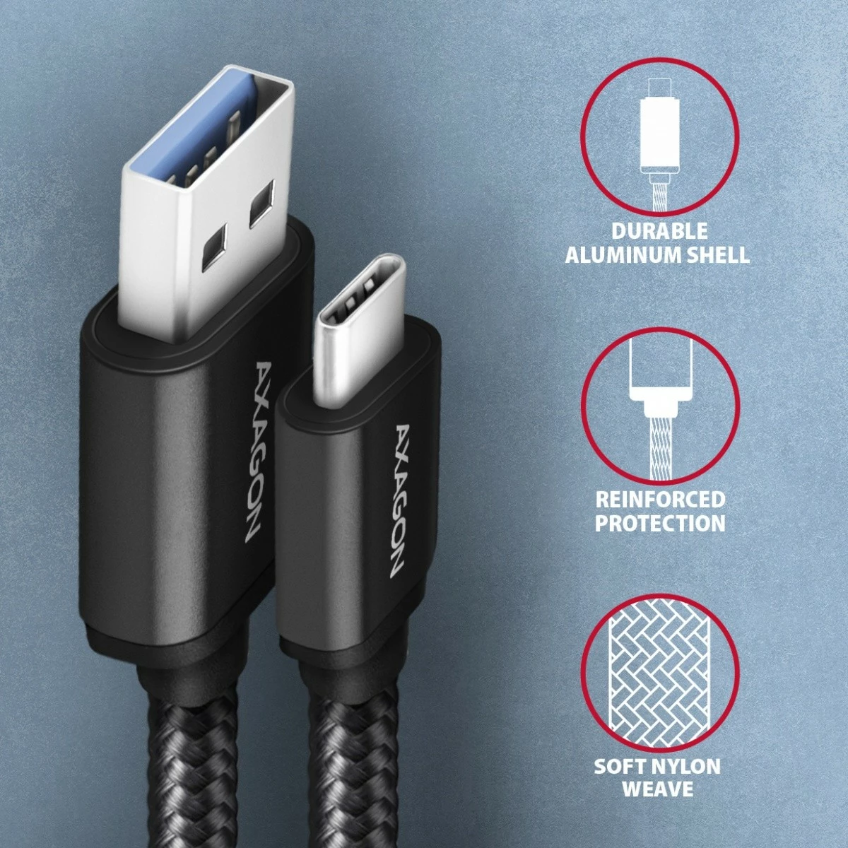 Kabel USB-C v USB-A, 2 m, 3 A, opleten z najlonom AXAGON BUCM3-AM20AB, črn Kabel USB-C v USB-A, 2 m, 3 A, opleten z najlonom AXAGON BUCM3-AM20AB, črn