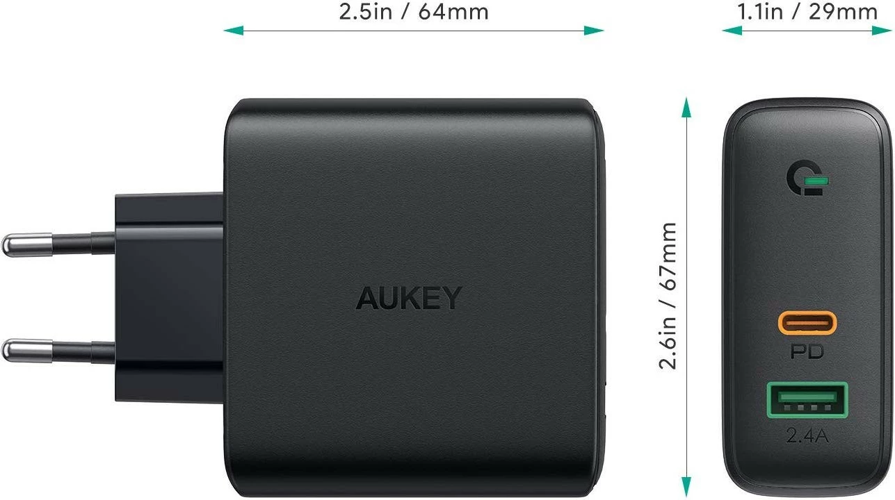 Stenski polnilec AUKEY PA-D3, 60 W, 2x USB (USB-C + USB 3.0), črn