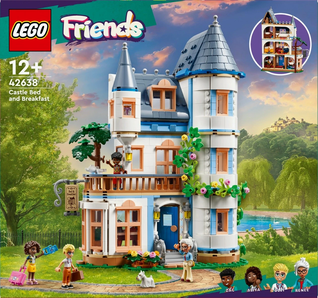 Gradna gostišča LEGO Friends Castle Inn 42638, 1311 kosov, za otroke 12+, s 4 mini-lutkami in psom, večbarvno