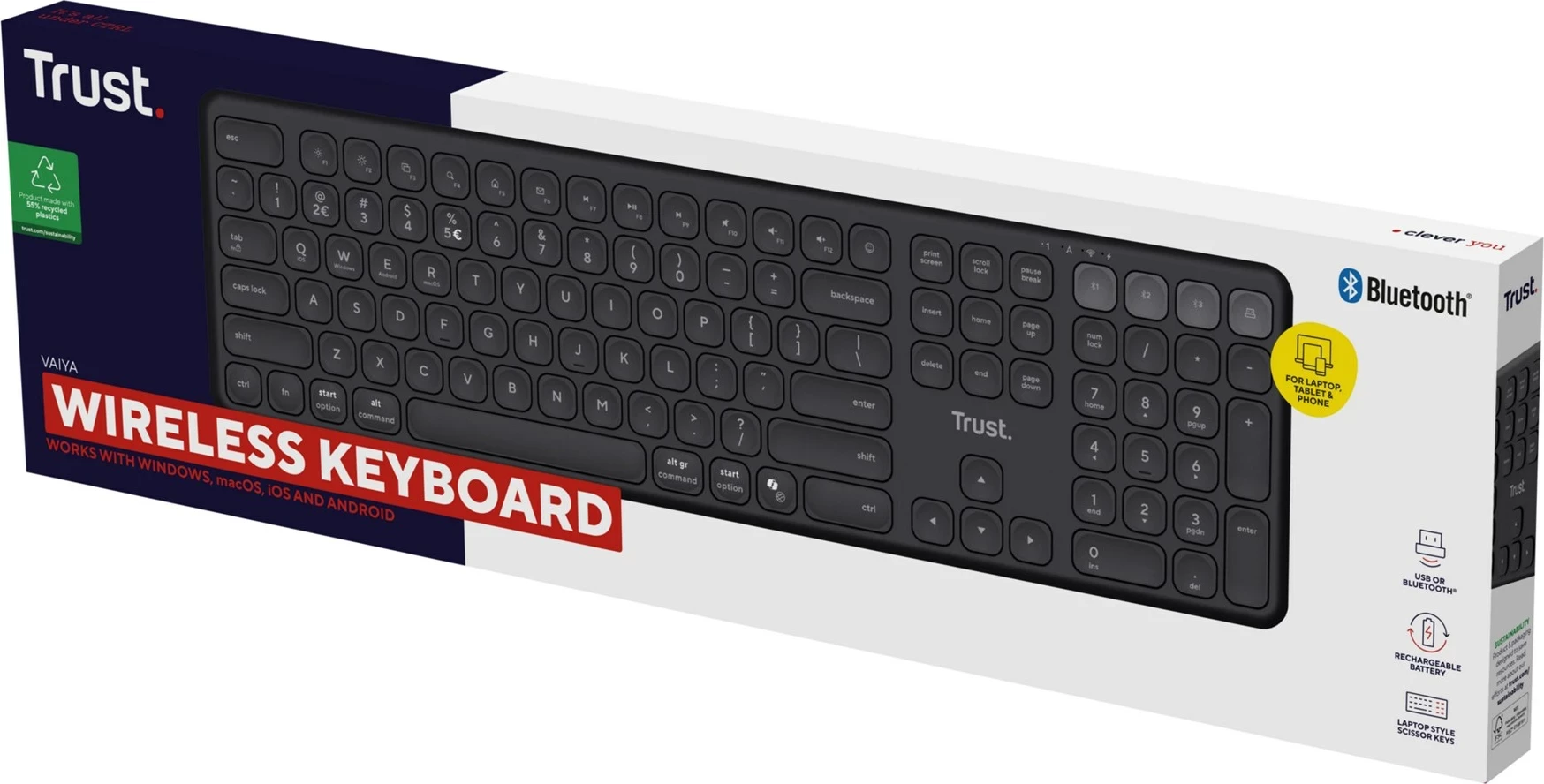 Tastatura, Trust Vaiya, USB + RF brezžično + Bluetooth, US English, črna