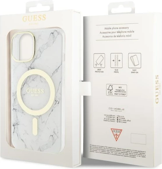 Ovitek za telefon z marmornim vzorcem MagSafe za iPhone 14 Plus 6,7", bel, Guess