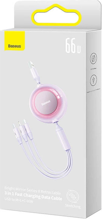 Kabel 3-v-1 Baseus Bright Mirror, 1,1 m, 66 W, USB-C/Lightning/micro USB, vijoličen