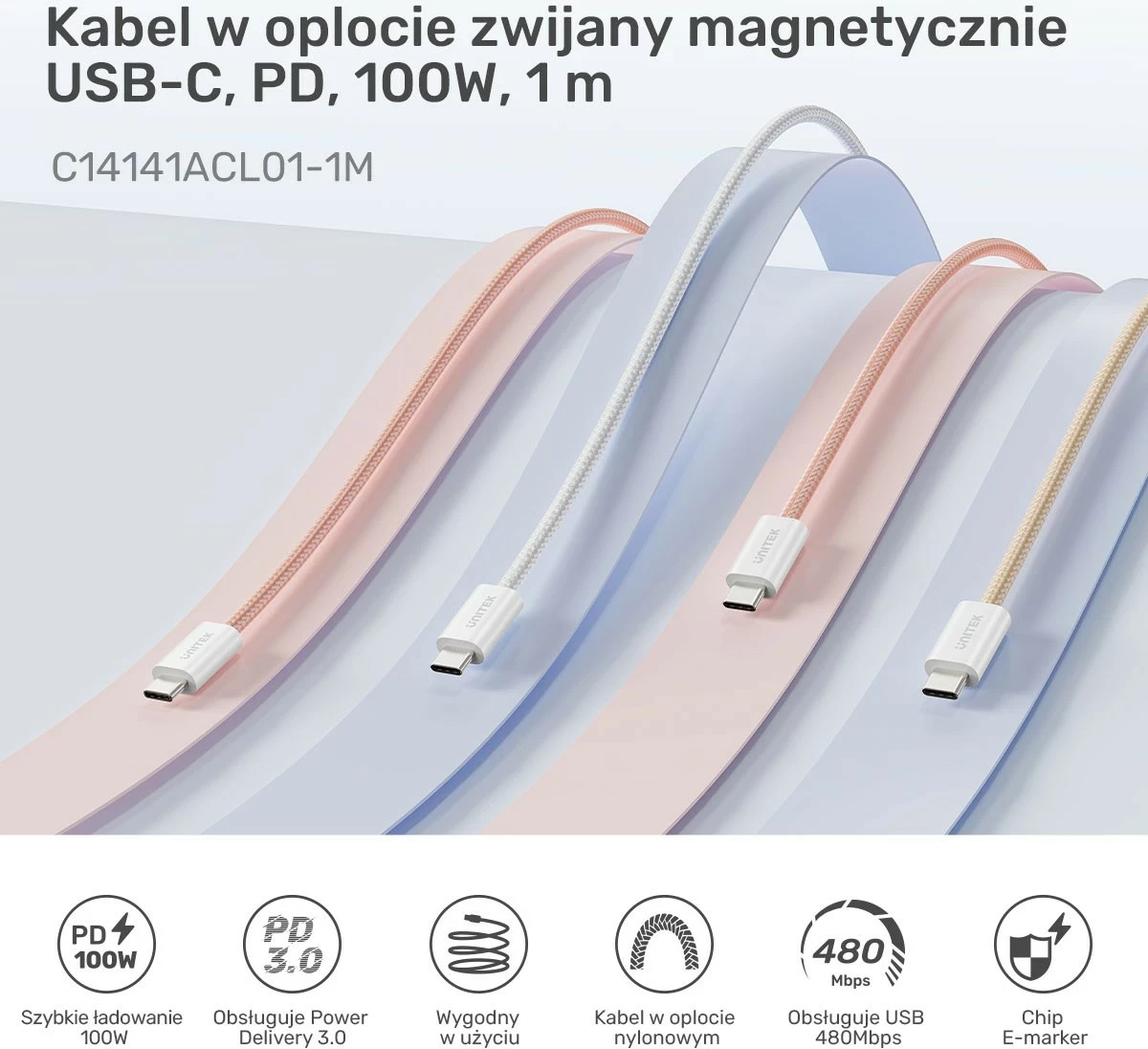 Magnetni USB-C kabel 100W 1 m, Unitek, bež