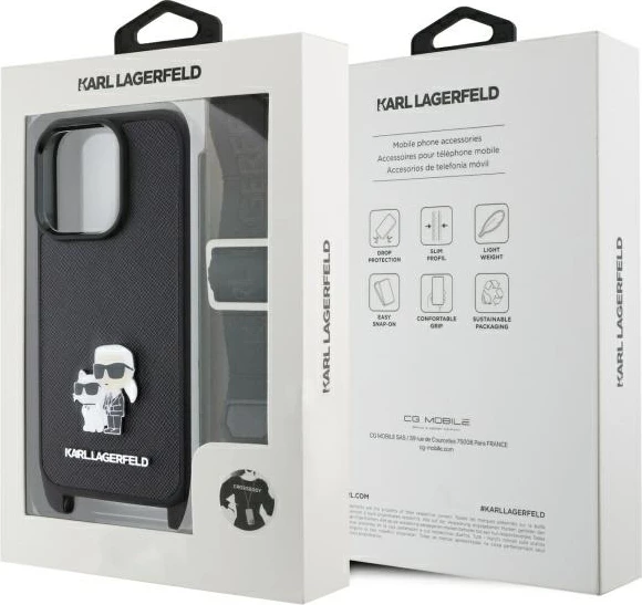 Ovitek za telefon Saffiano Karl&Choupette Karl Lagerfeld z dolgim trakom, za iPhone 16 Pro, črn
