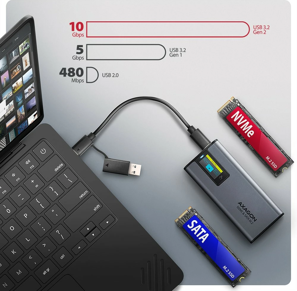 Zunanje računalniško ohišje za SSD AXAGON EEM2-SD2, M.2 NVMe/SATA, USB-A/C 3.2 Gen2, LCD zaslon, sivo Zunanje računalniško ohišje za SSD AXAGON EEM2-SD2, M.2 NVMe/SATA, USB-A/C 3.2 Gen2, LCD zaslon, sivo