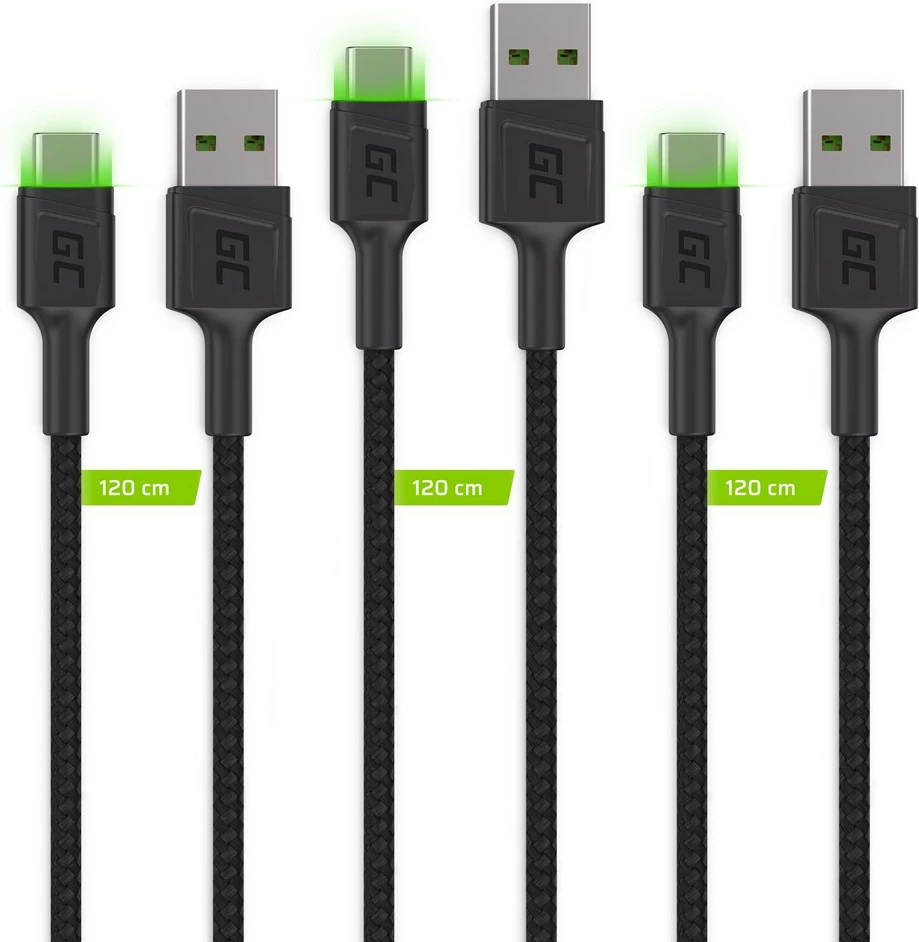 USB kabel USB A na USB C, 2 m, paketno 3 kos, črn — Green Cell KABGCSET03