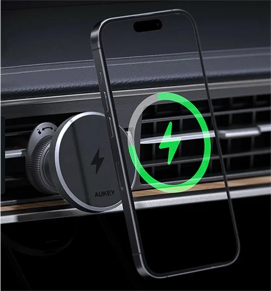 Magnetni nosilec z brezžičnim polnjenjem, AUKEY HD-MC13, Qi2 15W, z USB-C kablom 1 m, črn