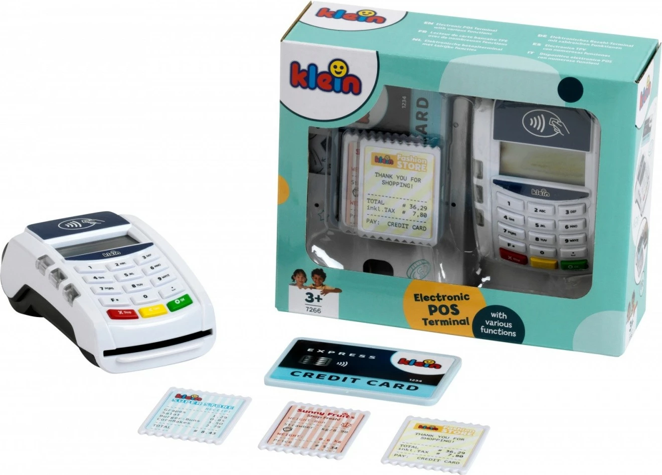 Igračni plačilni terminal Klein 7266, plastika, bel, z igričarsko kreditno kartico in računi
