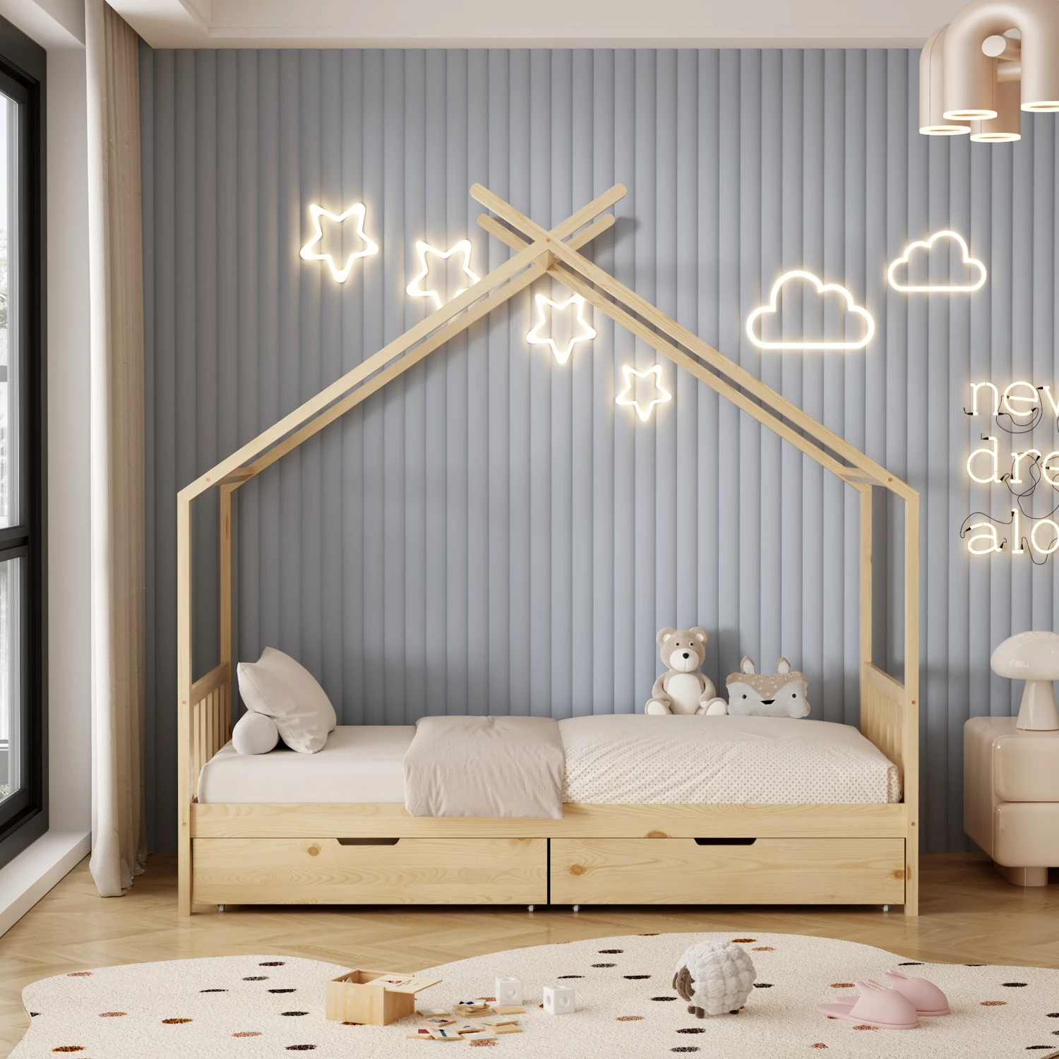 Postelja za otroke KLARICE FH680.01 t.MONTESSORI-2 predala- masivni bor v naravni barvi- 190x90cm