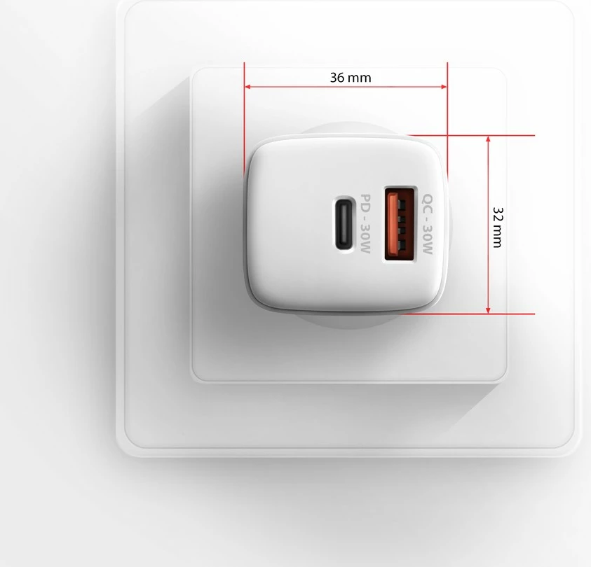 Stenski polnilec AXAGON ACU-PQ30W, 30W, 2 vrata USB-A in USB-C, bel Stenski polnilec AXAGON ACU-PQ30W, 30W, 2 vrata USB-A in USB-C, bel