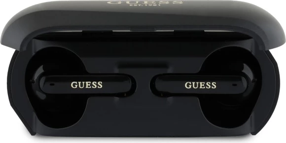 TWS slušalke z metalnim podolgovatim logotipom Guess, polnilna postaja, Bluetooth 5.3, črne