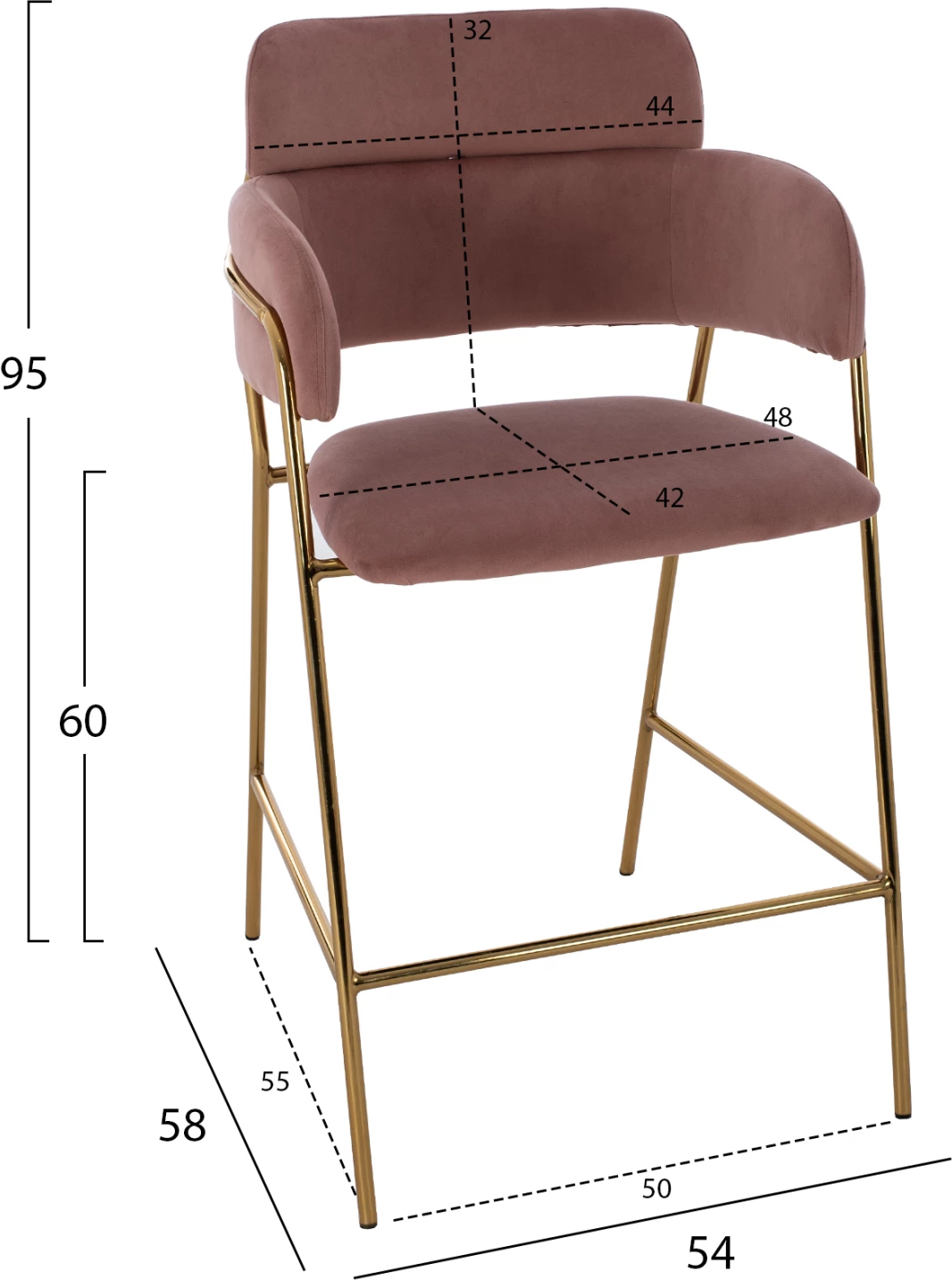 Srednje visok stol FH8735.02 iz žametne tkanine v barvi prašno roza z zlato obrobo 54x58x95Y cm, set 2 kosov