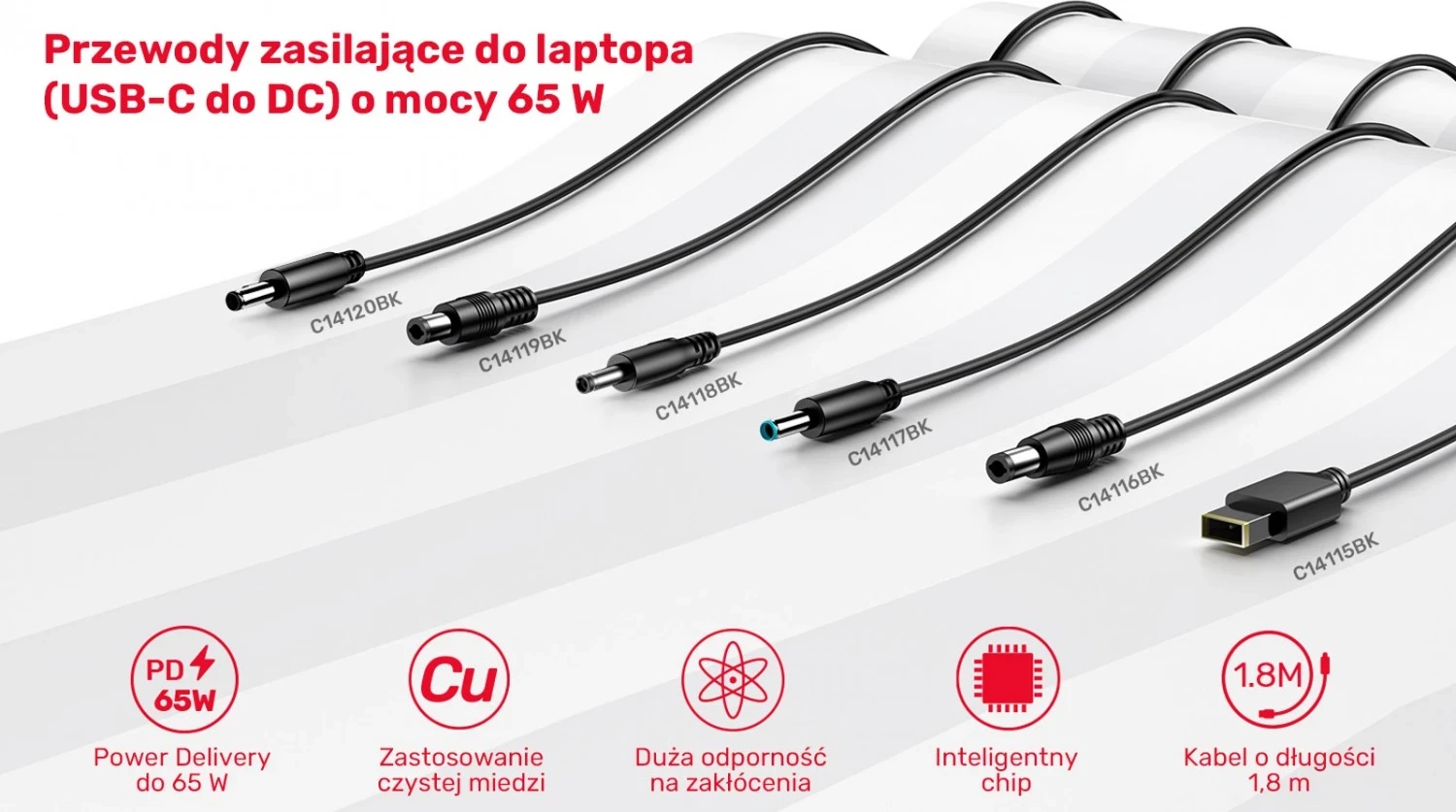 Kabel za polnjenje za prenosnik Unitek, 65W USB-C - DC5,5mm, črn