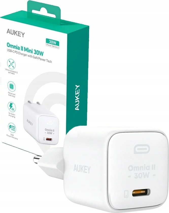 Stenski polnilec 30 W, 1x USB-C, bel AUKEY Omnia II Mini PA-B1L