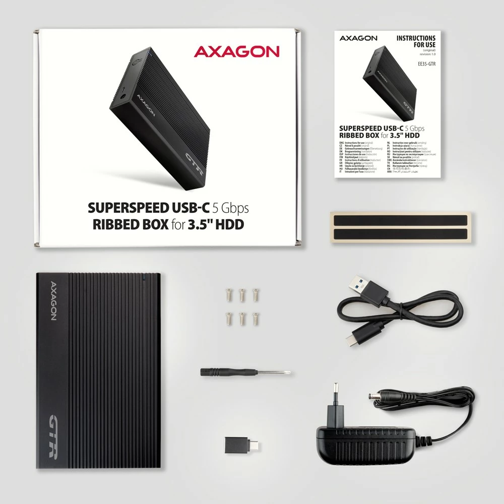 Zunanje računalniško ohišje za trdi disk 3,5", USB 3.2 Gen 1, SATA, kovinsko, črno AXAGON EE35-GTR Zunanje računalniško ohišje za trdi disk 3,5", USB 3.2 Gen 1, SATA, kovinsko, črno AXAGON EE35-GTR