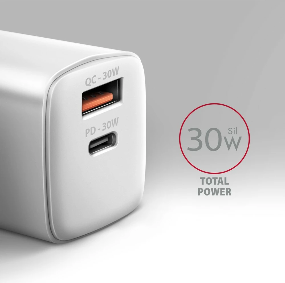 Stenski polnilec AXAGON ACU-PQ30W, 30W, 2 vrata USB-A in USB-C, bel Stenski polnilec AXAGON ACU-PQ30W, 30W, 2 vrata USB-A in USB-C, bel