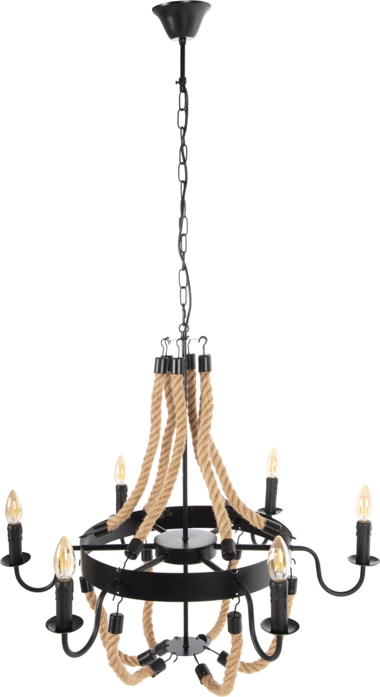 Stropna viseča svetilka FH4177 6-delna z vrvjo in črnim kovinskim 74x74x123Hcm