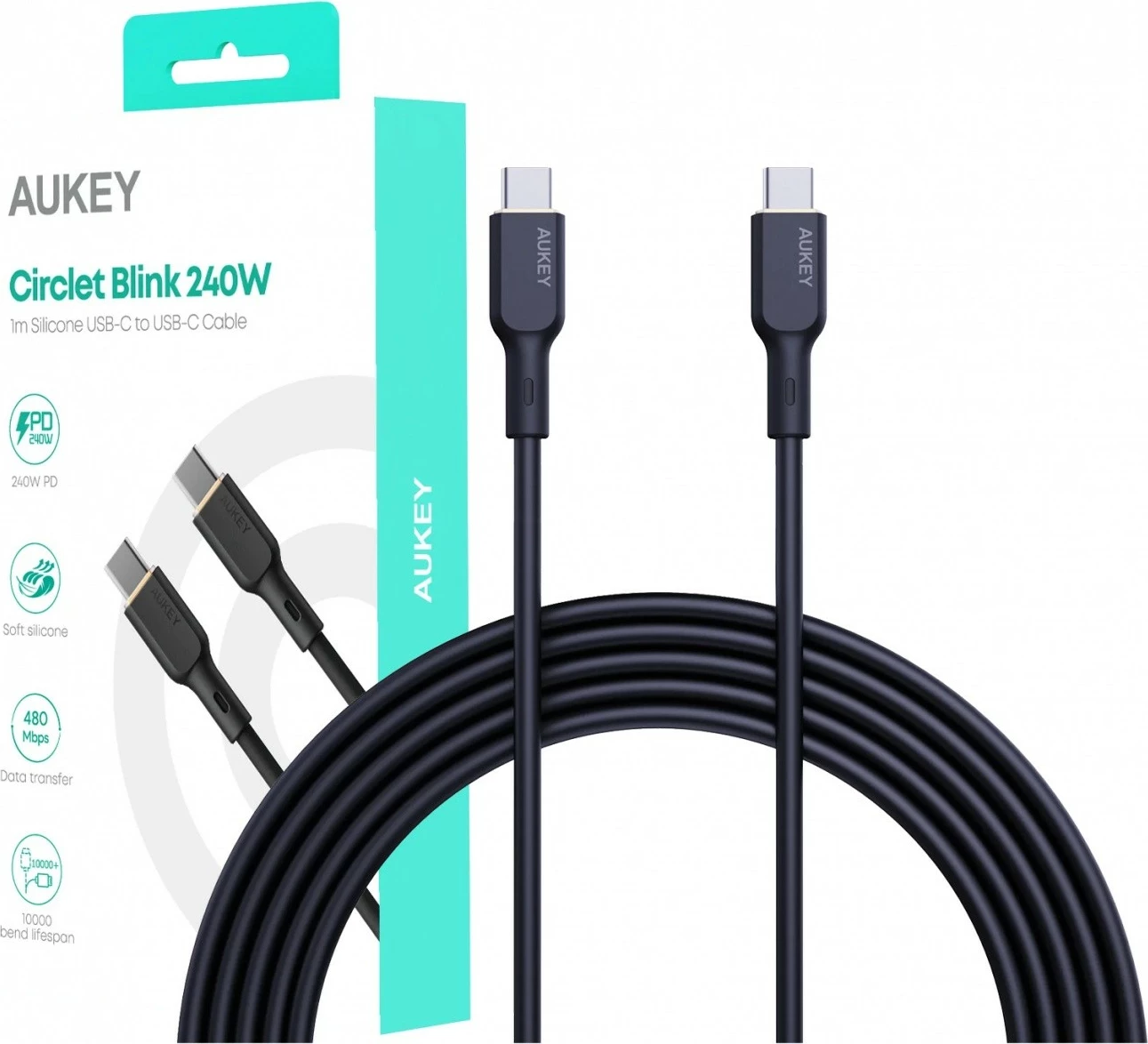 Kabel USB-C na USB-C, 1 m, 240 W, silikon, črn AUKEY CB-SCC241